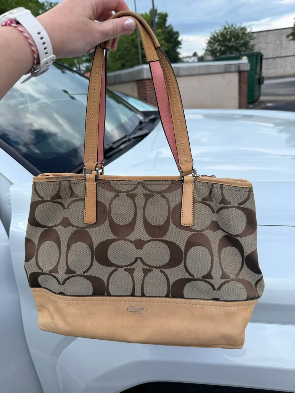 Coach Brown Signature Canvas Tote with Tan Trim and Pink Handle Accent